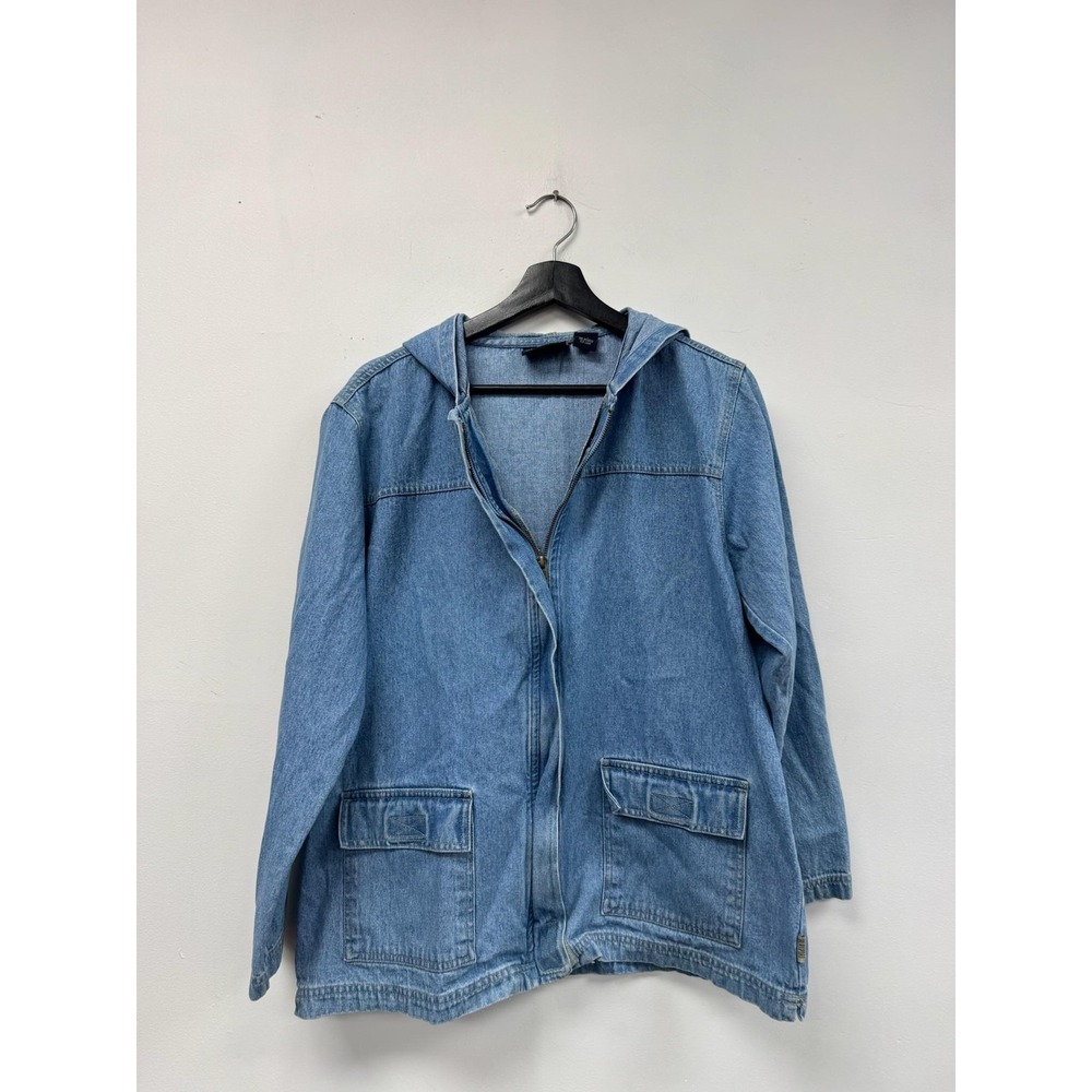 Vintage Blassport Jacket Large Blue‎ Denim Hooded Zip Front Pockets Petite 90s